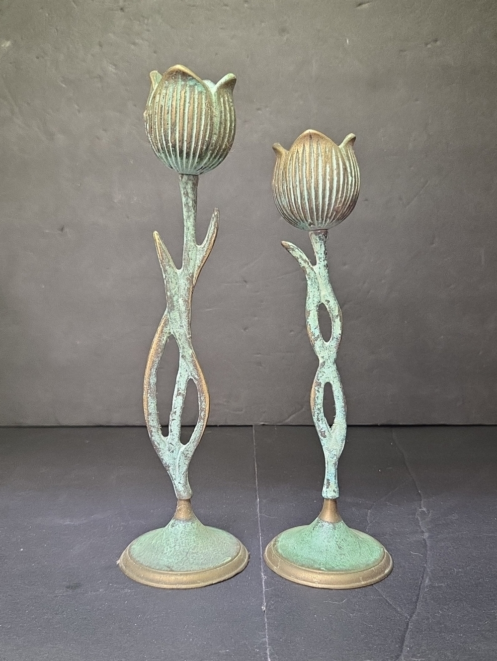 Vintage Verdigris Brass Tulip Candle Holder Botanical Patina Flower Set Of 2